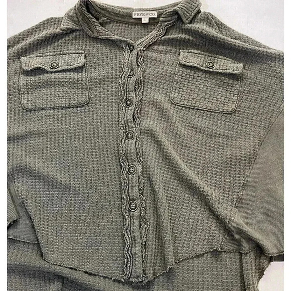 Frye and CO. Womens Long Sleeve Button Down Shirt Size L Green Waffe Thermal - Picture 8 of 11
